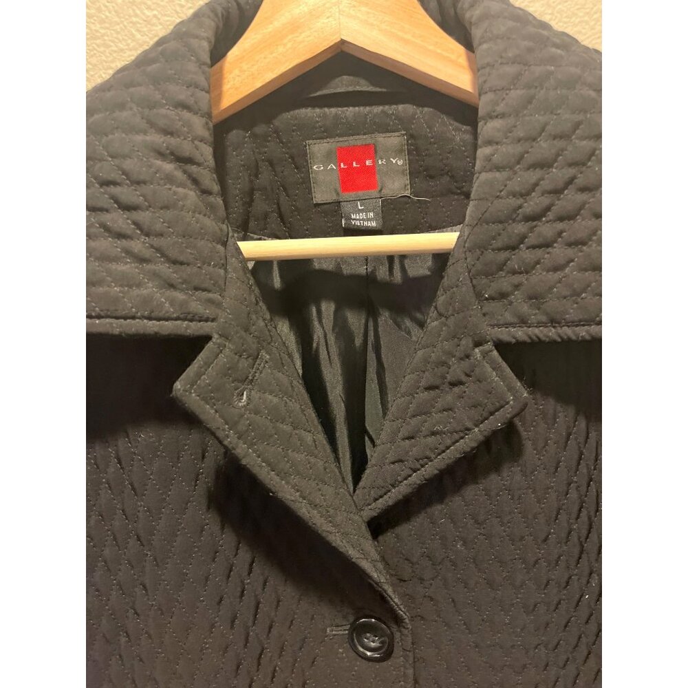 Gallery Womens Quilted Black Trench Coat Button-Front Size L - Picture 3 of 13